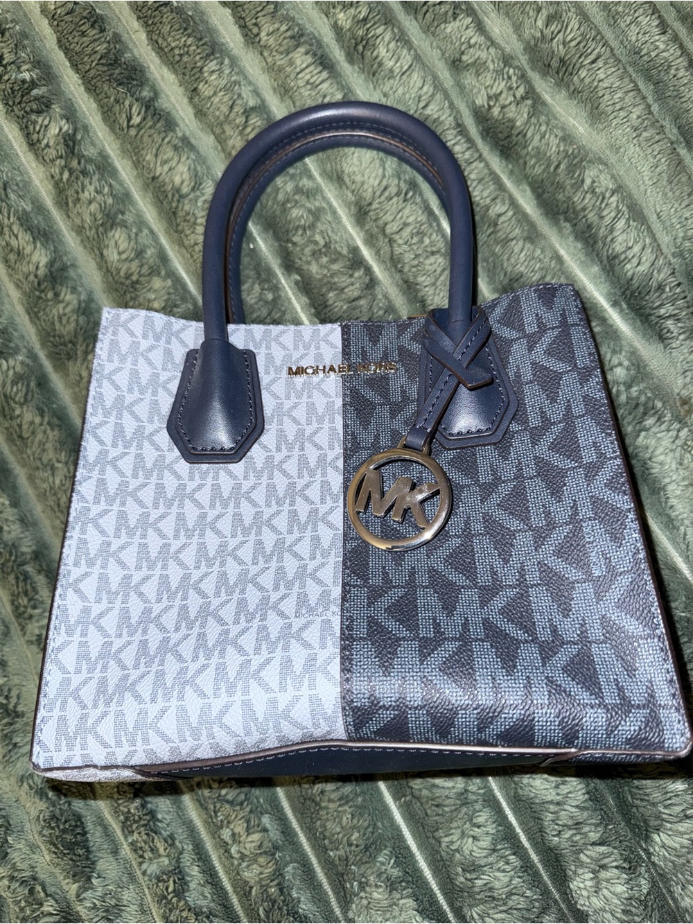 Michael Kors Signature Logo Colorblock Satchel Navy Light Blue